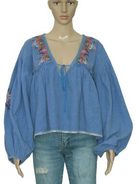 Free People Lucia Top Floral Embroidered Balloon Sleeve Purple Blouse S